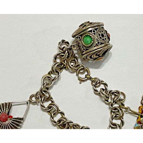 Vintage Etruscan  Revival 800 Silver Fob Charm Bracelet Gypsy 4 Charms 7.5" - Picture 6 of 7